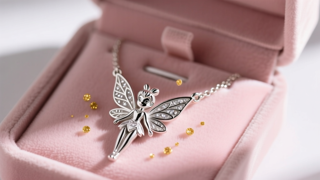 Macro shot of a sterling silver Disney Tinkerbell necklace with pixie dust, resting on a blush pink velvet jewelry box.