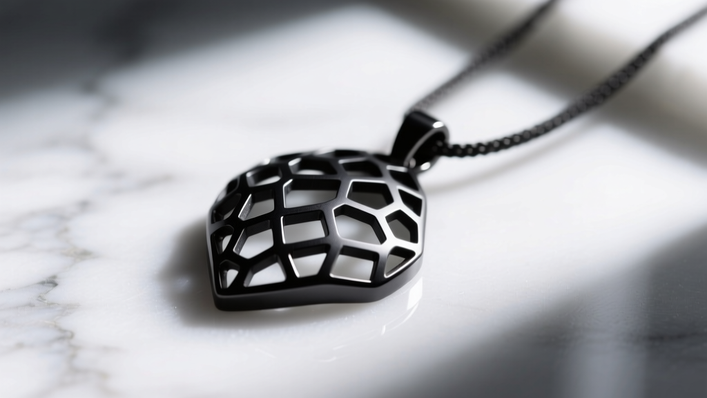 Macro shot of an AI-generated Voronoi pendant in matte black sintered steel, lit by soft side lighting on a white marble surface.