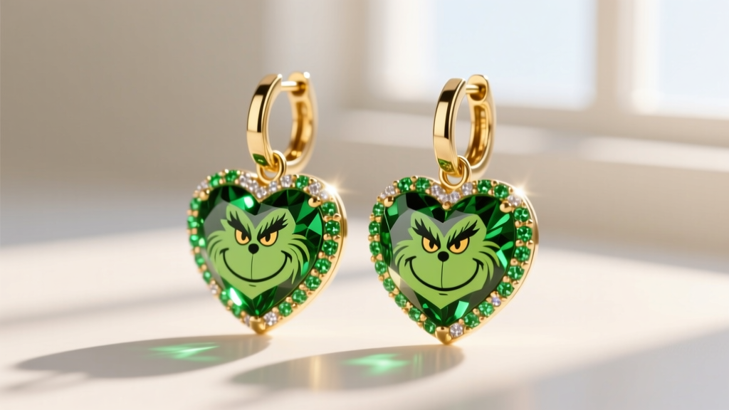 Macro shot of 18-gauge gold-plated huggie hoops featuring tiny pavé-set green tsavorite Grinch heart charms catching the light