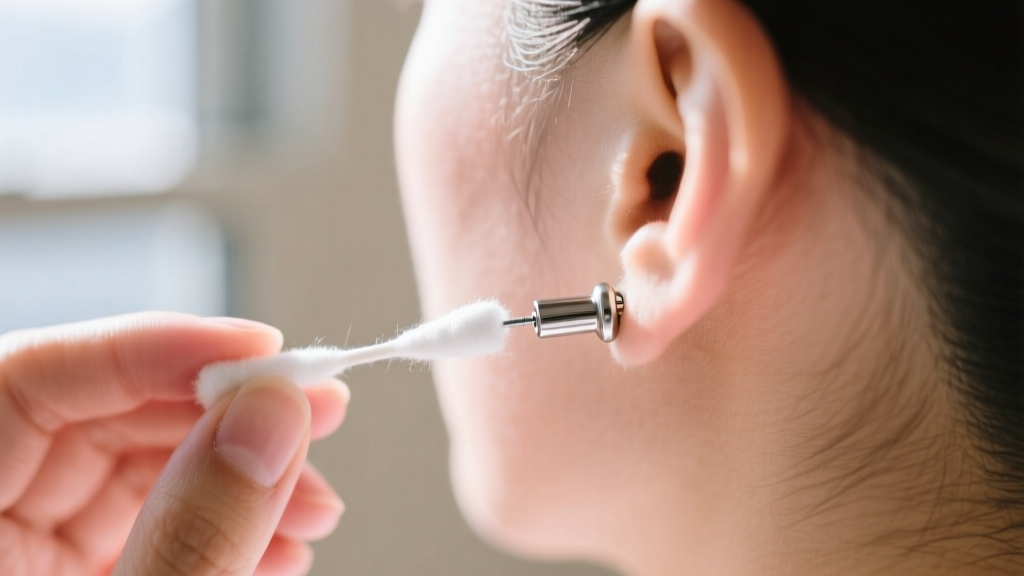 Person gently cleaning an 18-gauge implant-grade titanium pressure earring post with a cotton swab and saline in bright lighting.