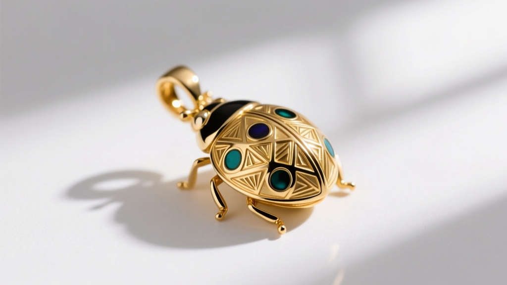 Macro photography of a 14k gold ladybird pendant featuring guilloché enamel, highlighting intricate engraved metal patterns