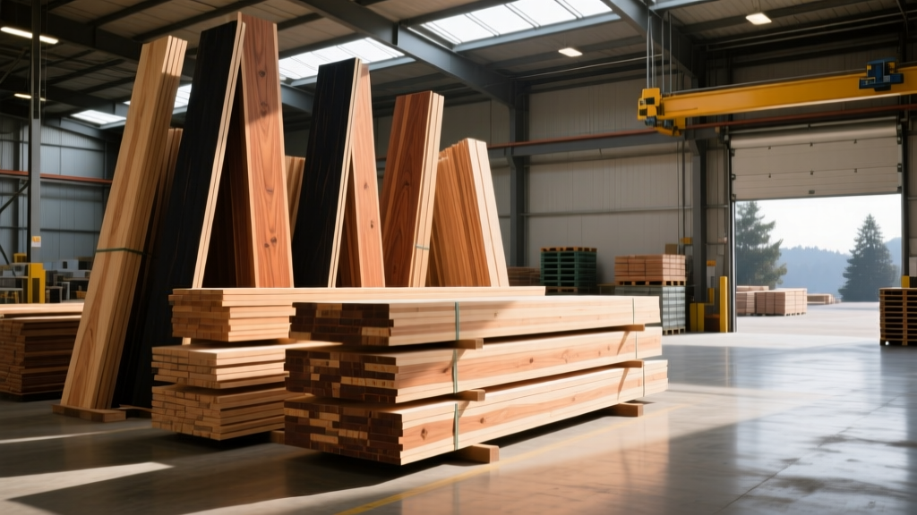 Stacks of graded Douglas Fir dimensional lumber and large LVL beams inside a well-lit building materials supply yard in Redwood City California