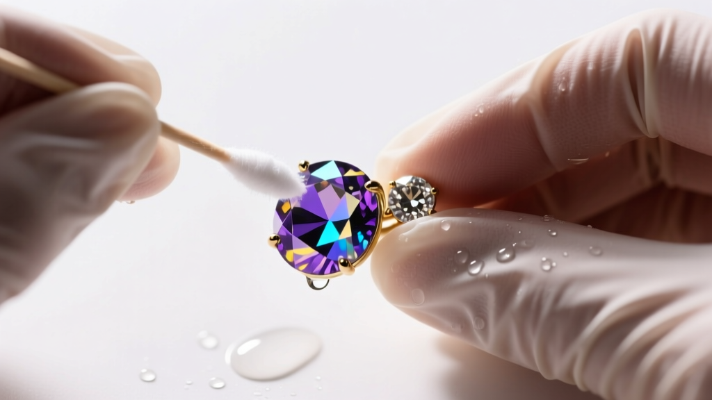Jeweler using a cotton swab and mild soapy water to carefully clean the foil backing of an aurora borealis rhinestone earring.