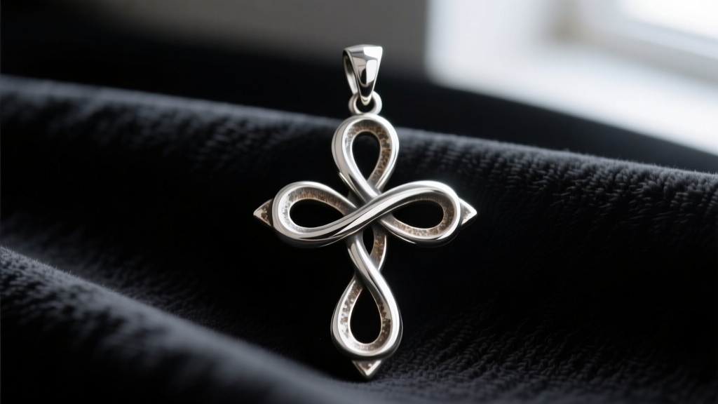 Macro shot of an oxidized sterling silver leviathan cross pendant showing polished infinity loops on dark textured silk