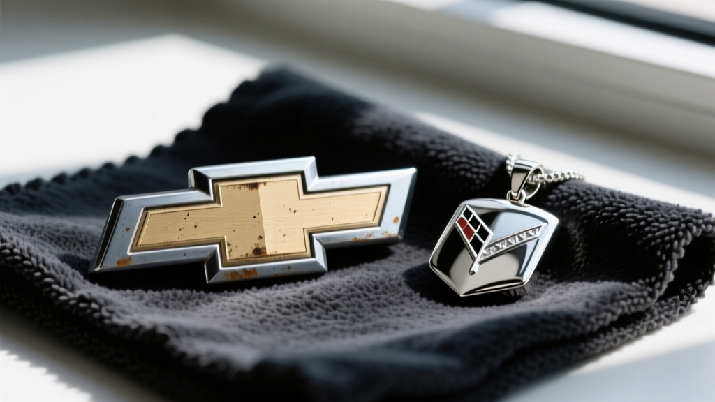 Close-up of a dull zinc alloy Chevy emblem beside a pristine sterling silver Corvette pendant on a dark microfiber polishing cloth.