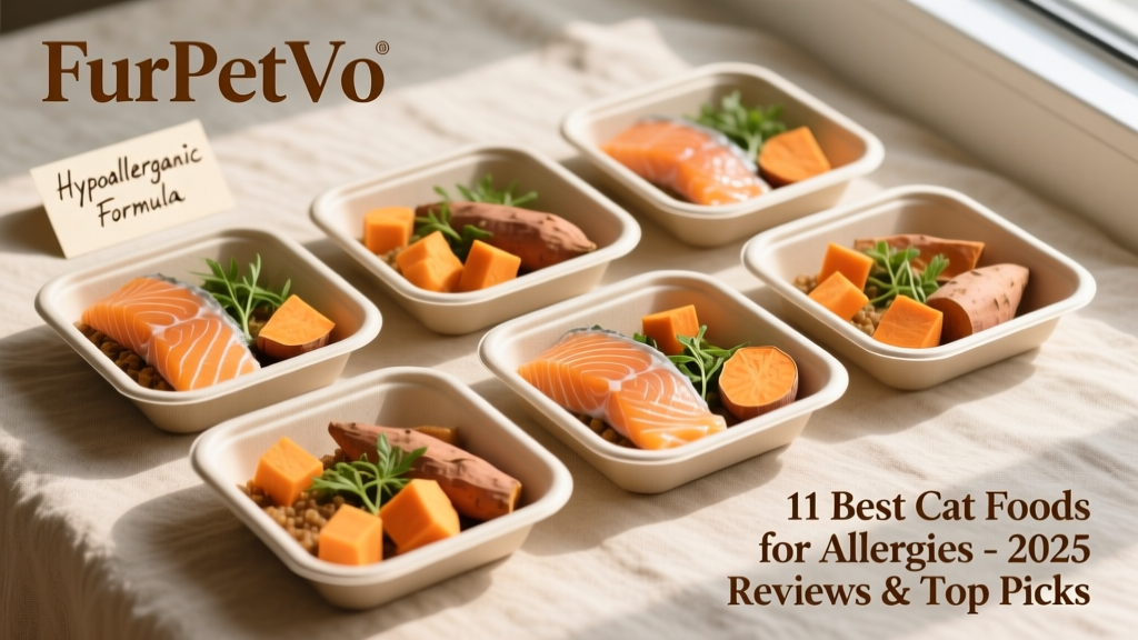 Stylish flat-lay photo of FurPetVo fresh cat food portions in recyclable trays, with fresh salmon and sweet potato visible