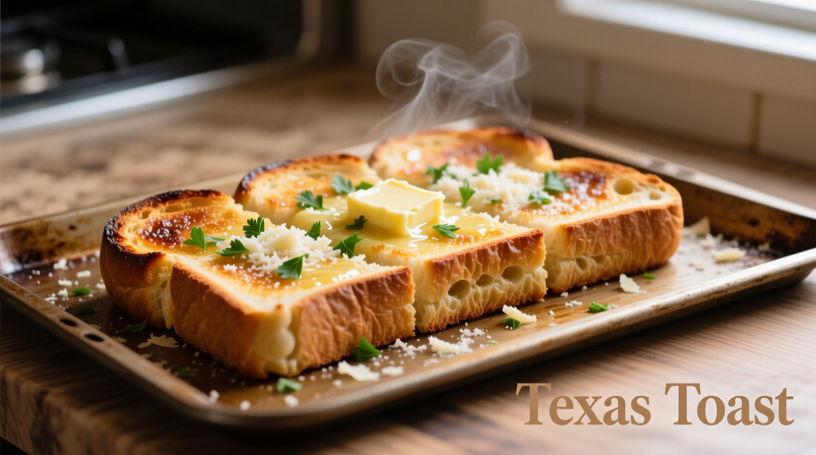 Perfectly baked Texas Toast garlic bread on baking sheet