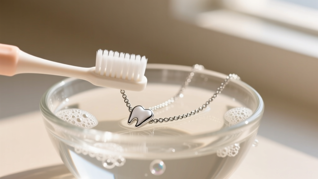Soft baby toothbrush cleaning tiny prongs of a silver-plated tennis necklace in a small glass bowl of soapy lukewarm water