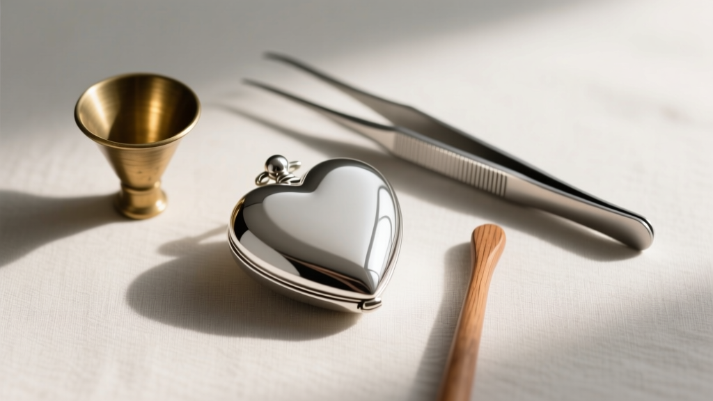 Ash-filling tools beside a silver heart urn locket, featuring a small metal funnel, steel tweezers, and a wooden stirring rod.