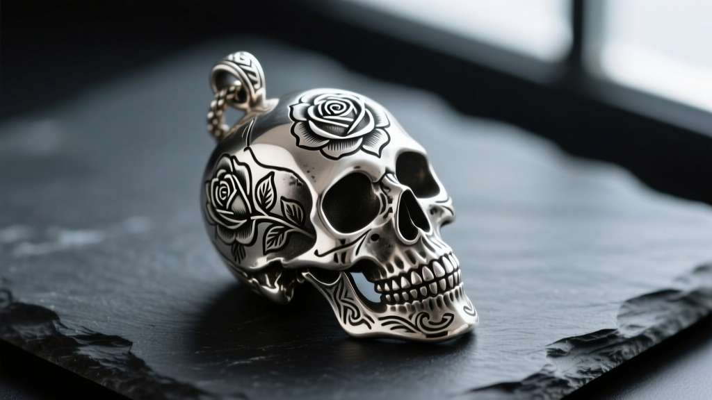 Macro shot of an oxidized sterling silver skull pendant with traditional tattoo rose engravings resting on a dark slate surface