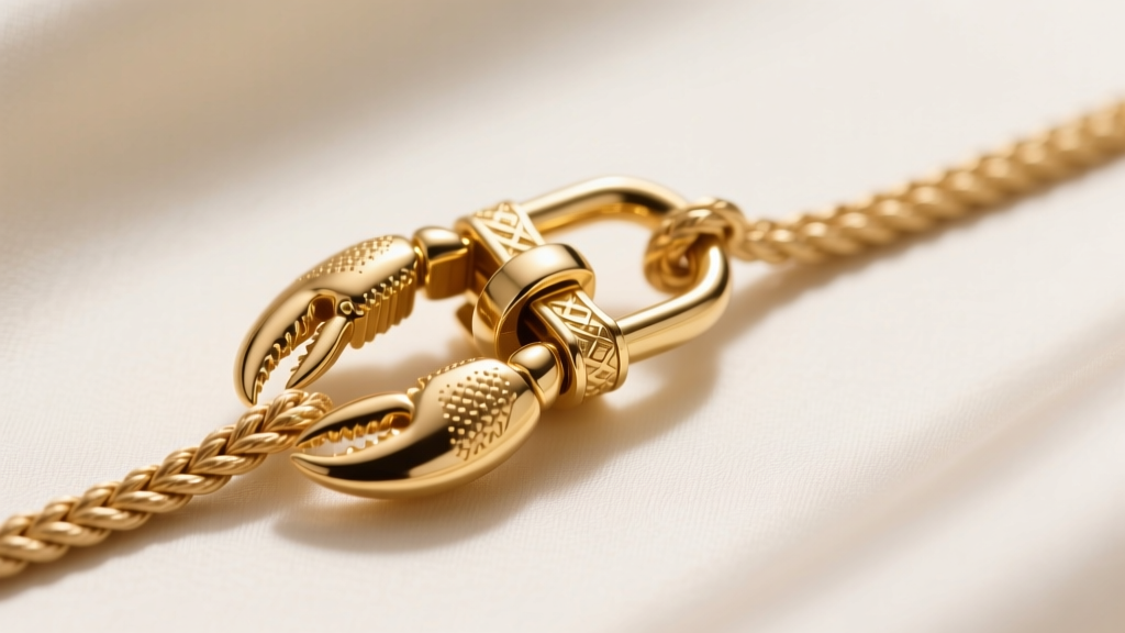 Detailed view of a heavy-duty 14k gold lobster clasp attached to a 3mm rope chain, designed to support a heavy coin pendant.