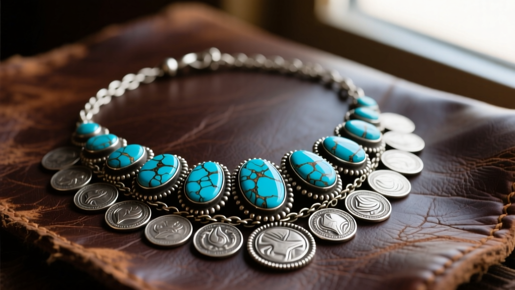 Flat-lay photo of a vintage Navajo coin silver squash blossom necklace with dark blue Bisbee turquoise stones on dark leather