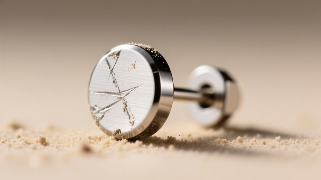 Macro shot of a flat-pad titanium earring post being scuffed with sandpaper to prepare the metal surface for epoxy adhesive