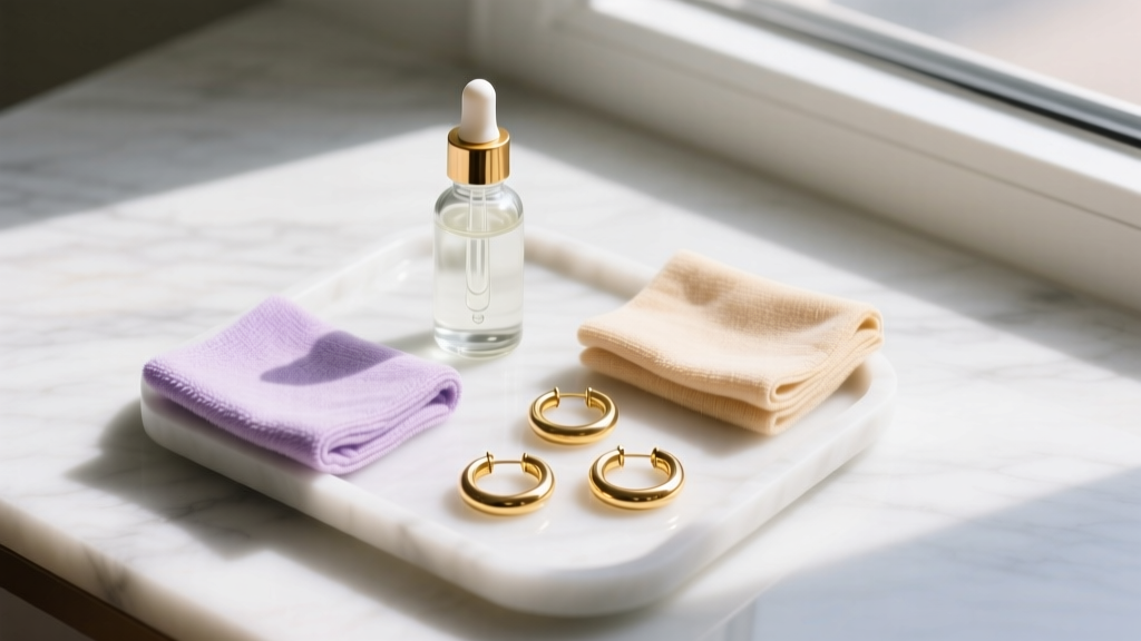 Top-down view of a DIY earring cleaning station with isopropyl alcohol, microfiber cloths, and gold hoops on marble
