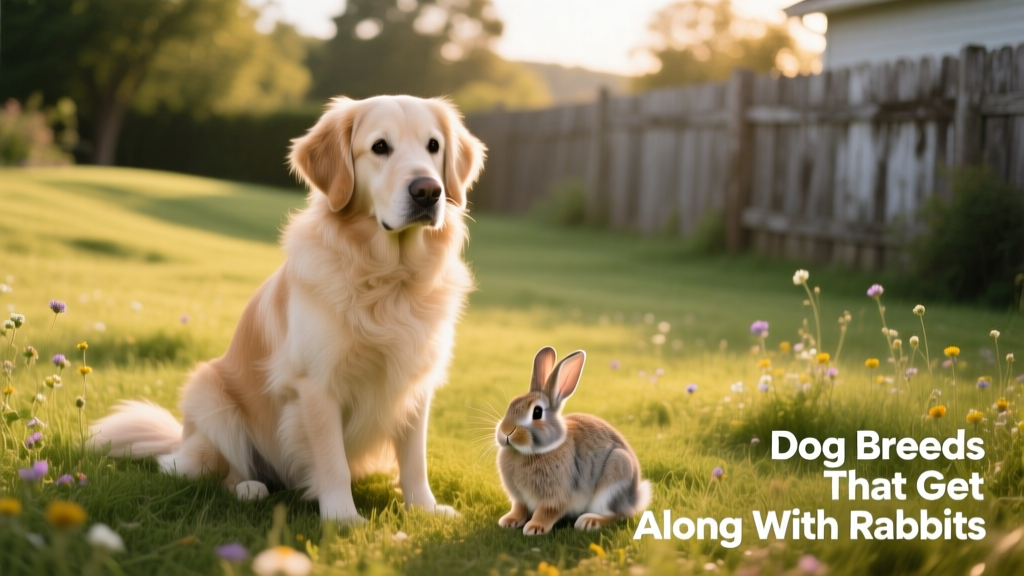 A calm dog sitting peacefully beside a rabbit in a grassy yard