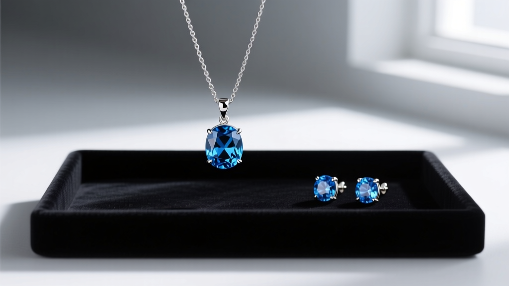 Sterling silver blue topaz jewelry set with a pendant necklace and matching stud earrings resting on a dark velvet display tray
