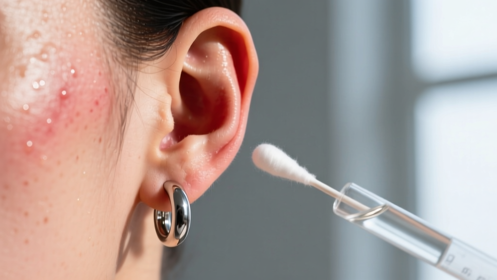 Close-up of an irritated earlobe wearing a steel hoop earring, alongside a cotton swab dipped in clear nickel testing solution.