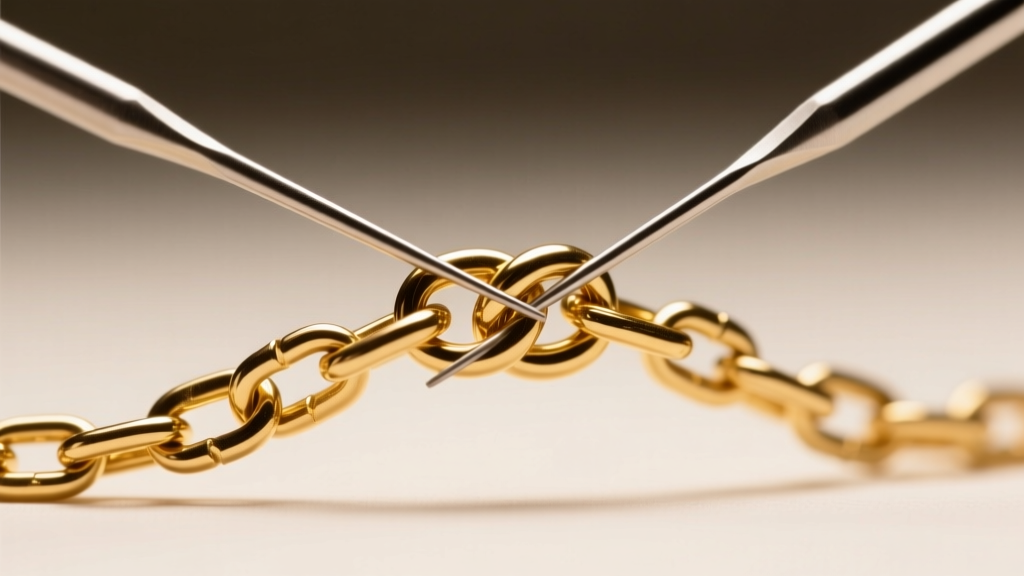 Macro shot of a micro-knot in a thin gold chain being loosened by two fine sewing needles under bright studio lighting.