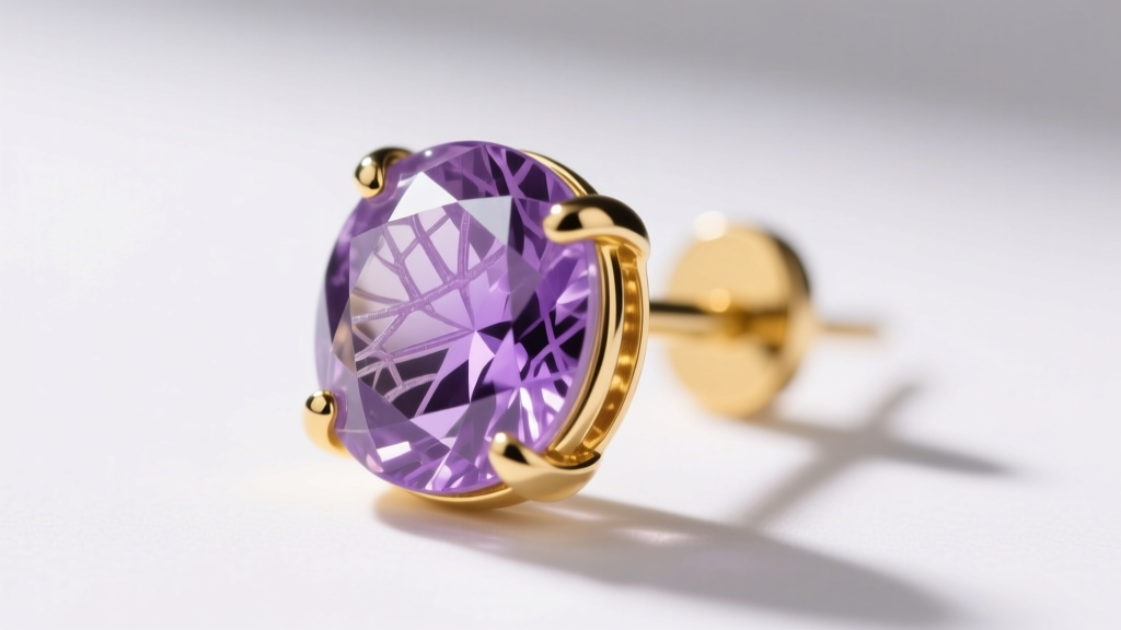 Macro shot of Type A lavender jadeite stud earring in 14k gold bezel showing natural fibrous interlocking crystal structures