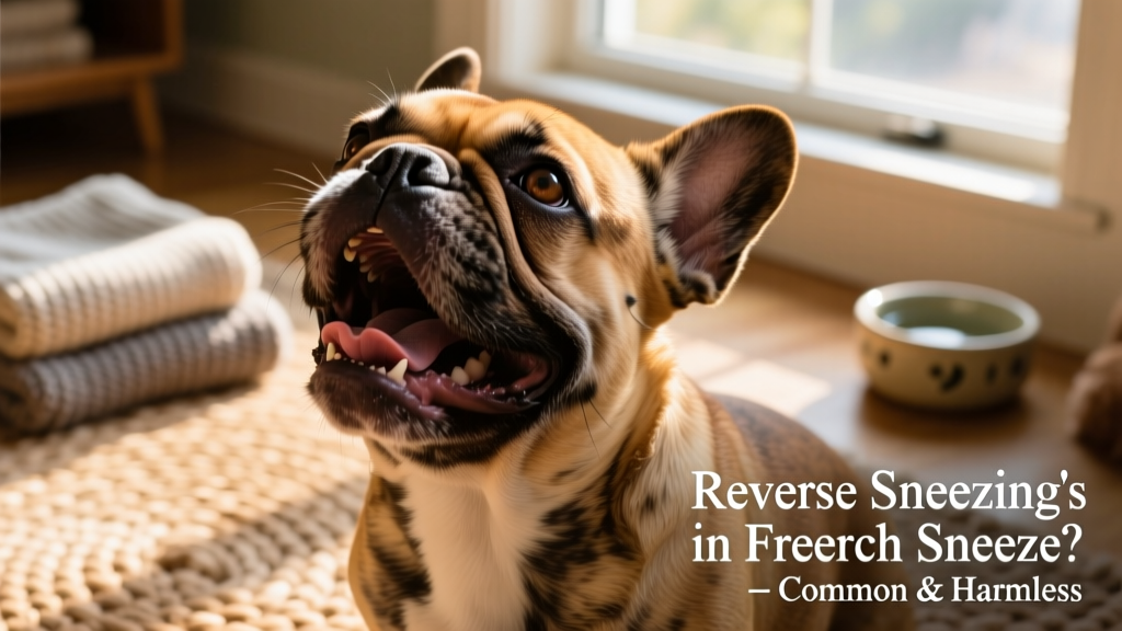 Close-up of a French Bulldog mid-reverse sneeze, mouth slightly open, eyes wide, with visible effort but no signs of distress