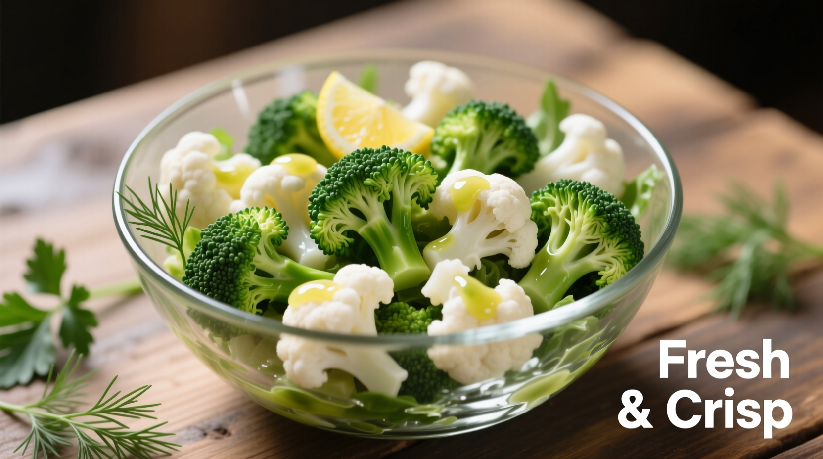 Fresh broccoli and cauliflower salad in glass bowl