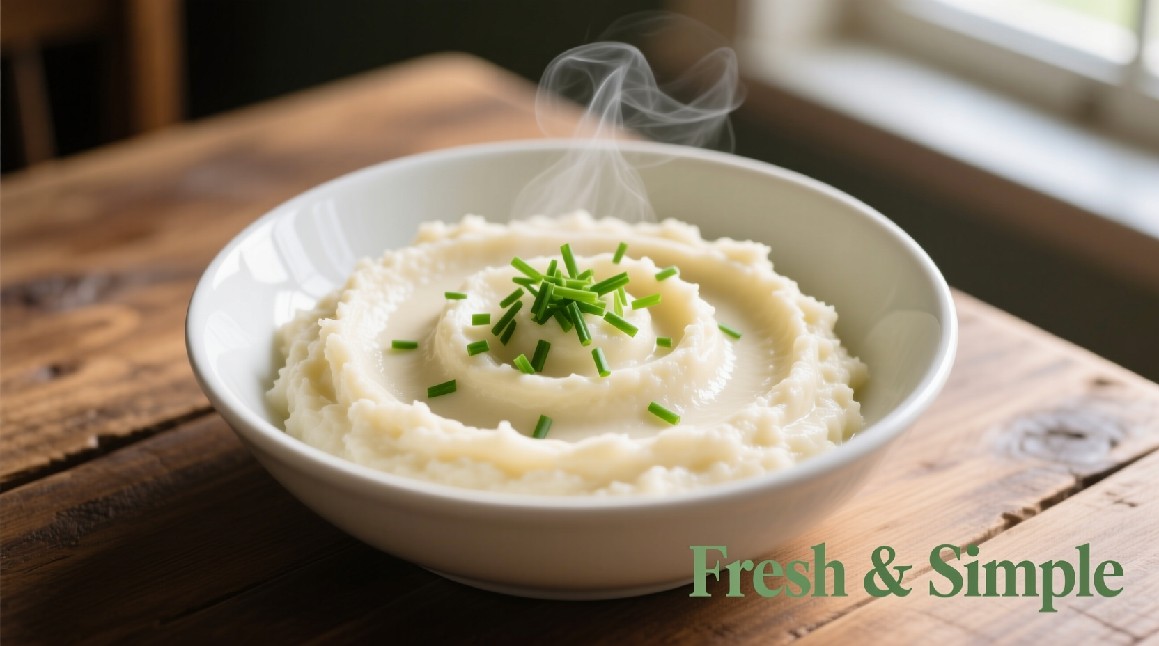 Creamy mashed cauliflower in white bowl with fresh chives