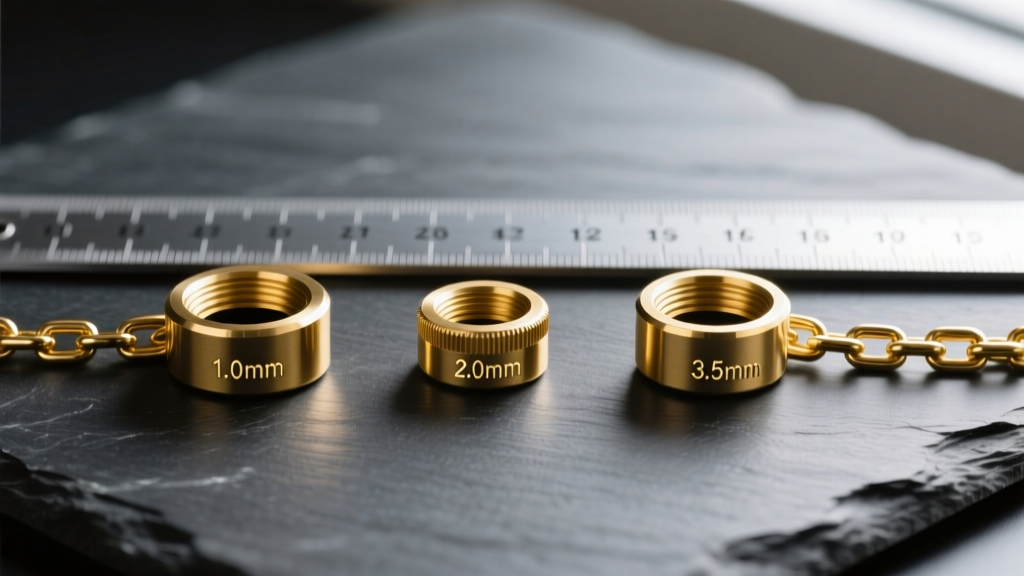 Macro shot of three gold chain gauges, 1.0mm, 2.0mm, and 3.5mm, laid flat on dark slate next to a metal ruler to show thickness