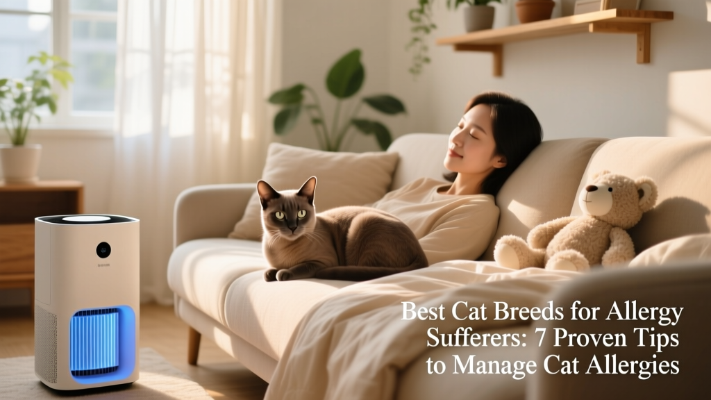 A calm, affectionate cat resting beside a person with allergy-friendly home accessories like an air purifier and hypoallergenic bedding