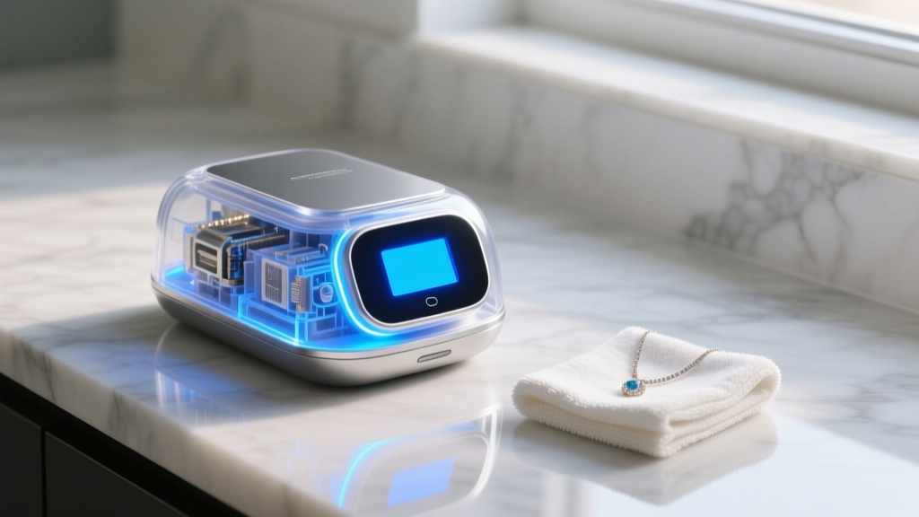 Side profile of a digital ultrasonic jewelry cleaner with a glowing blue display on a marble countertop next to a microfiber cloth