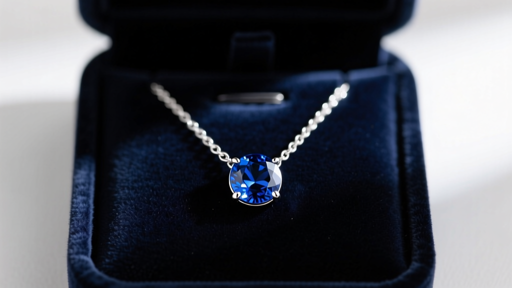 Polished sterling silver chain necklace with a round sapphire charm resting inside a dark velvet anti-tarnish jewelry storage box.