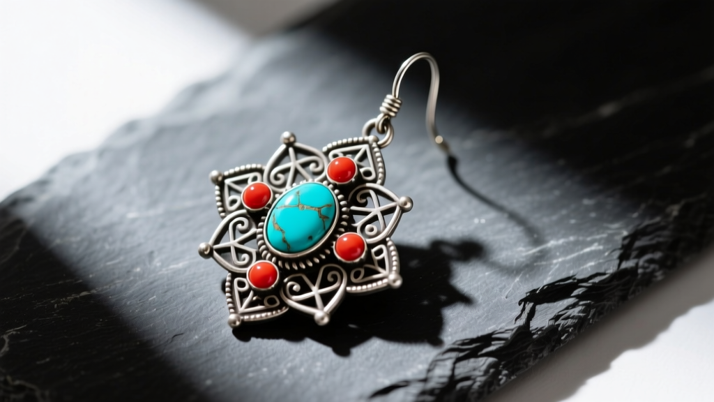 Overhead flat lay of a handmade Tibetan earring design with oxidized silver, turquoise cabochons, and red coral on dark slate.