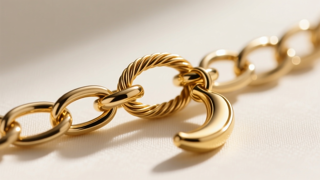 Macro close-up of a 1.5mm 14k gold cable chain and lobster clasp, highlighting precise jump ring soldering on a banana charm