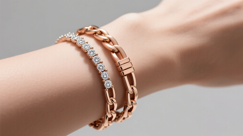 A perfectly sized 6-inch 18k rose gold Figaro chain bracelet stacked tightly with a minimalist diamond tennis bracelet on a wrist