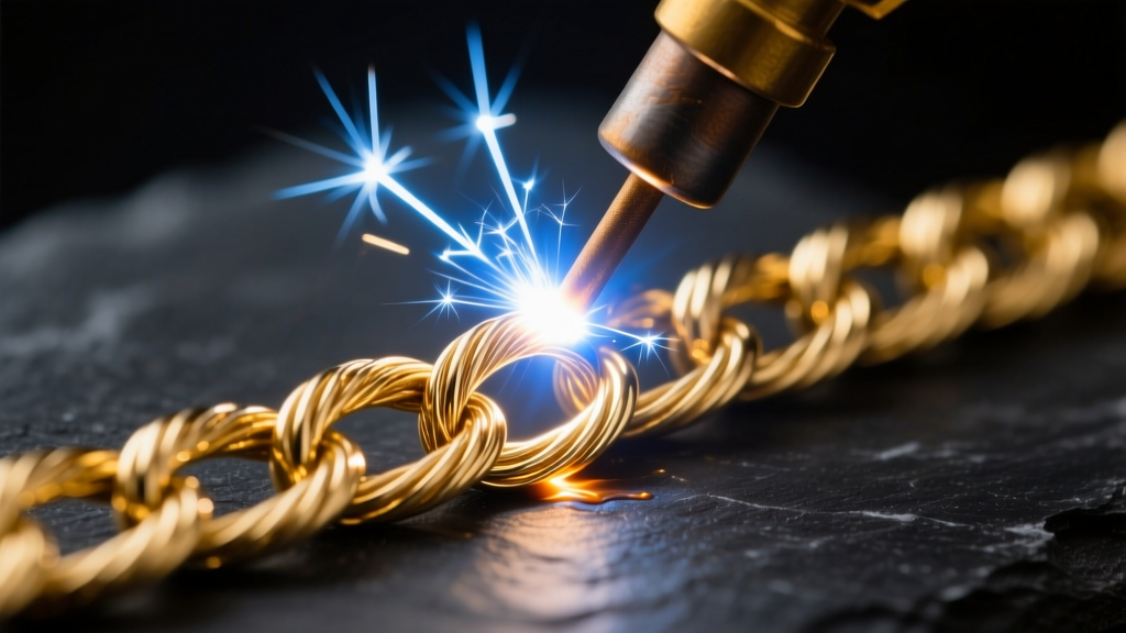Micro-TIG argon arc welder creating a bright spark on a delicate 14k solid gold cable chain link against a dark slate background