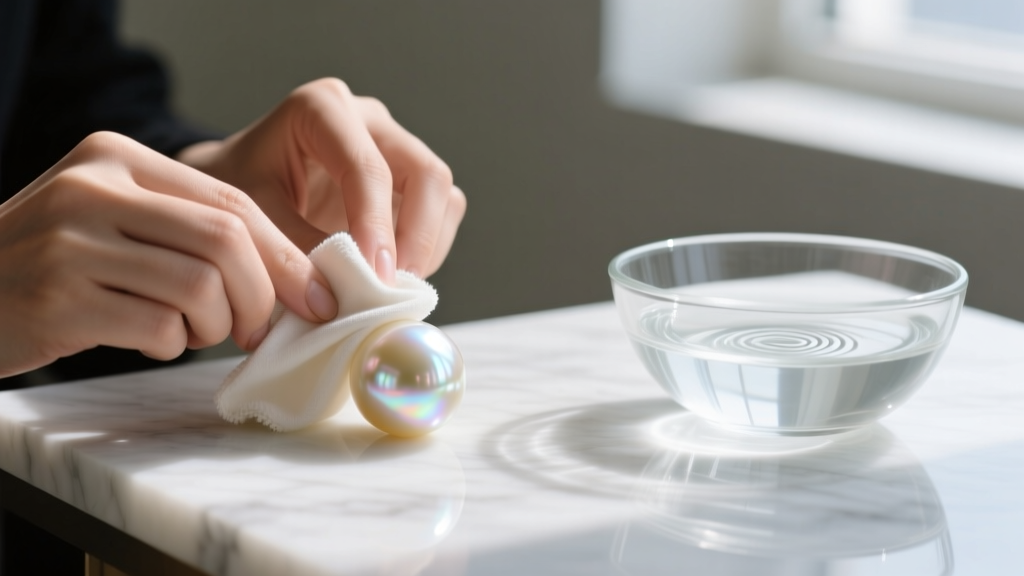 Jeweler wiping a cream South Sea pearl with a damp microfiber cloth next to a glass bowl of distilled water and mild soap