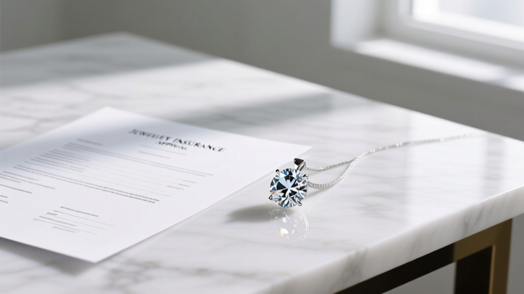 Jewelry insurance appraisal document resting beside a sparkling lab-grown diamond pendant on a sleek white marble desk surface