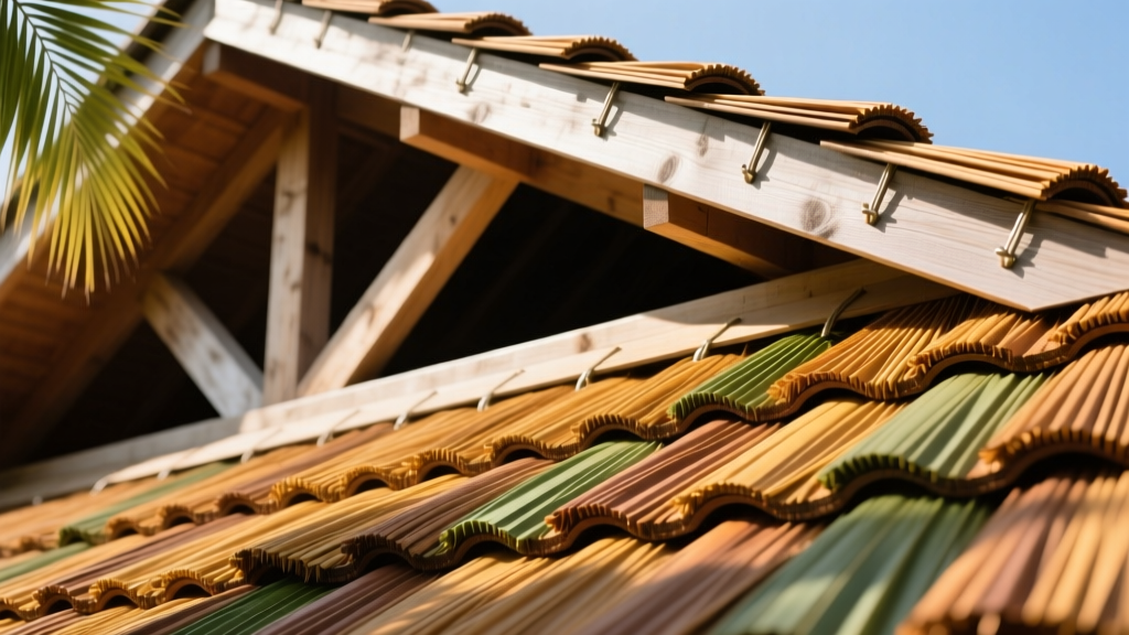 Close-up of high-density polyethylene synthetic thatch shingles in palm frond style securely fastened to a steep-slope timber roof frame