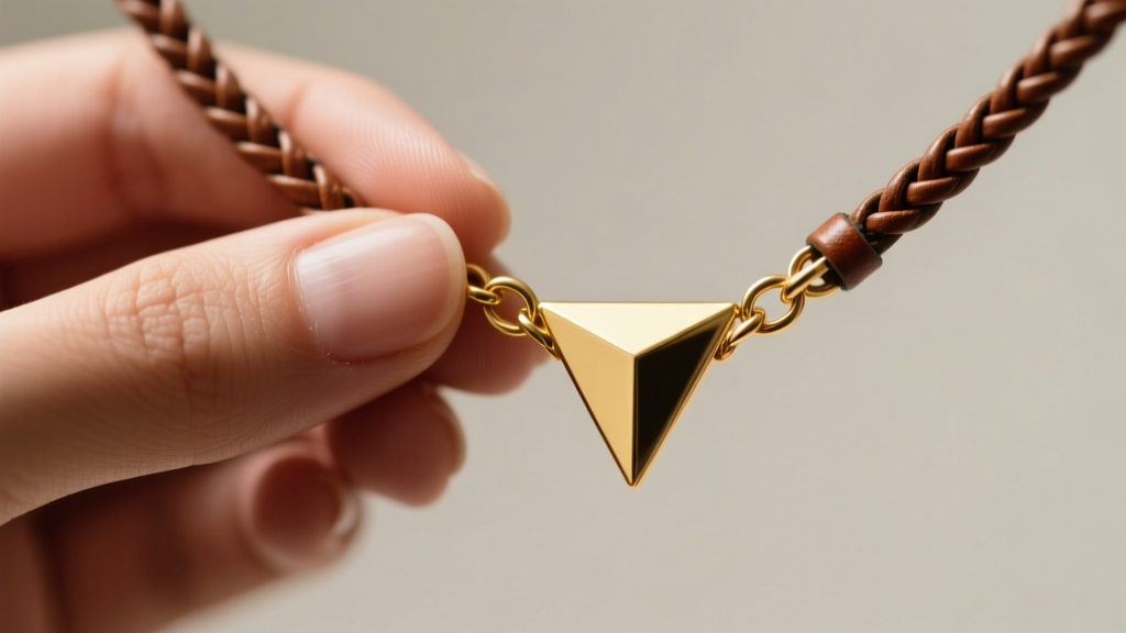 Hands adjusting a gold triangle slide on a lariat chain, showing proper tension technique to avoid bending the delicate metal links.