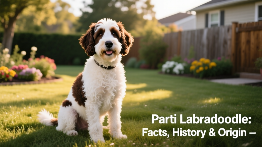 A smiling Parti Labradoodle with a white-and-chocolate patchy coat, sitting on grass