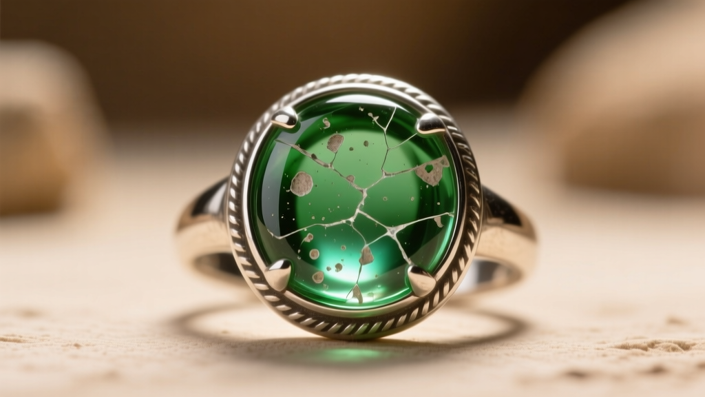 Macro view of a bezel-set Roman glass ring showing a protective silver rim and delicate pitting on an ancient green glass fragment.