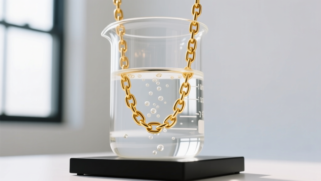 Digital scale showing a suspended 14k gold chain submerged in a glass beaker of distilled water for specific gravity testing