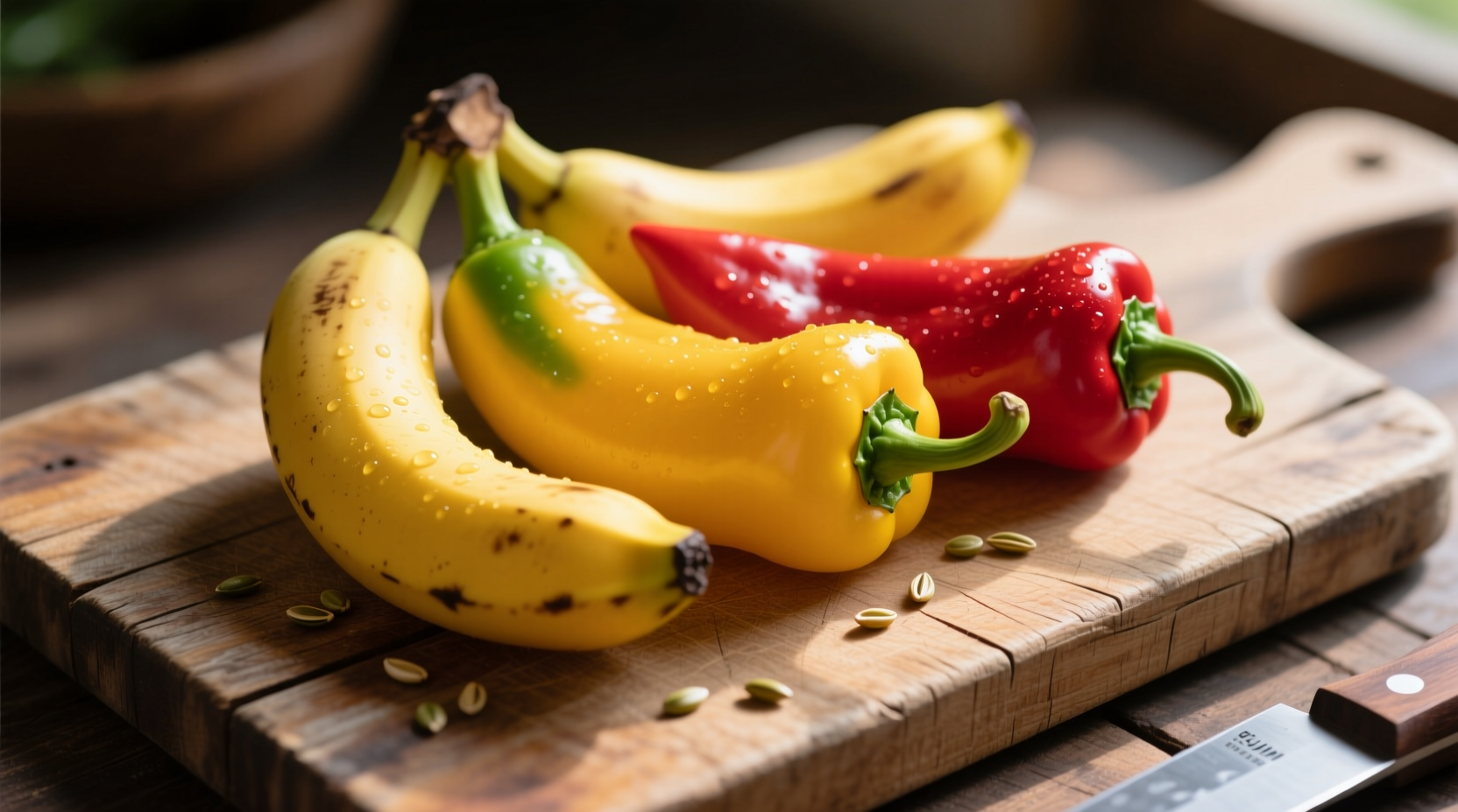 Fresh yellow and red banana peppers on wooden cutting board