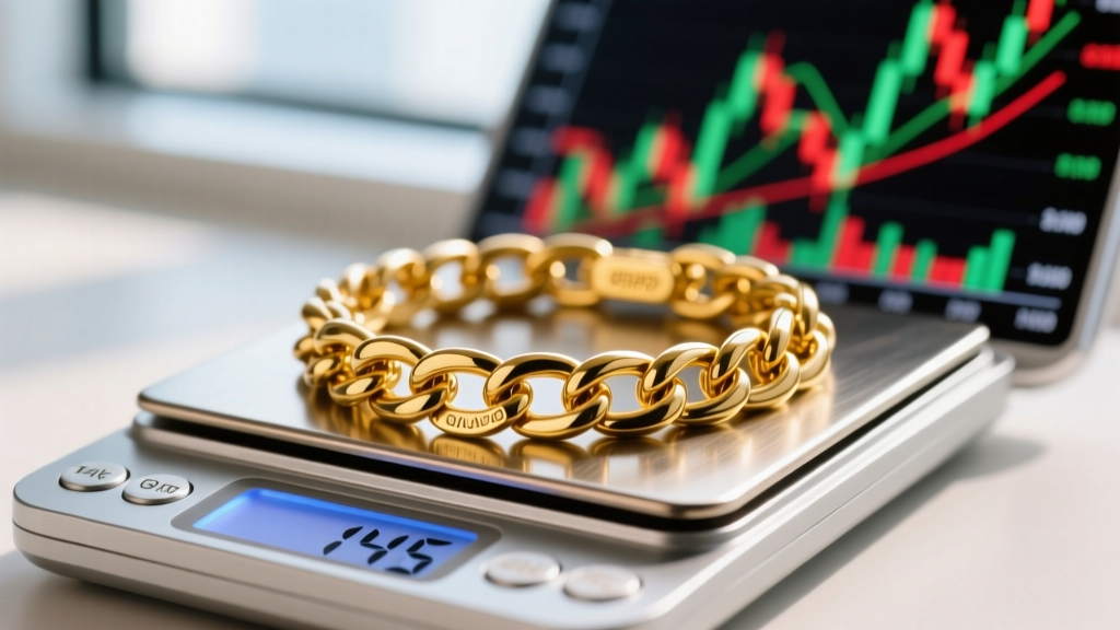 Macro shot of a digital scale weighing a heavy 14k yellow gold Cuban link chain, with a blurred financial chart in the background.