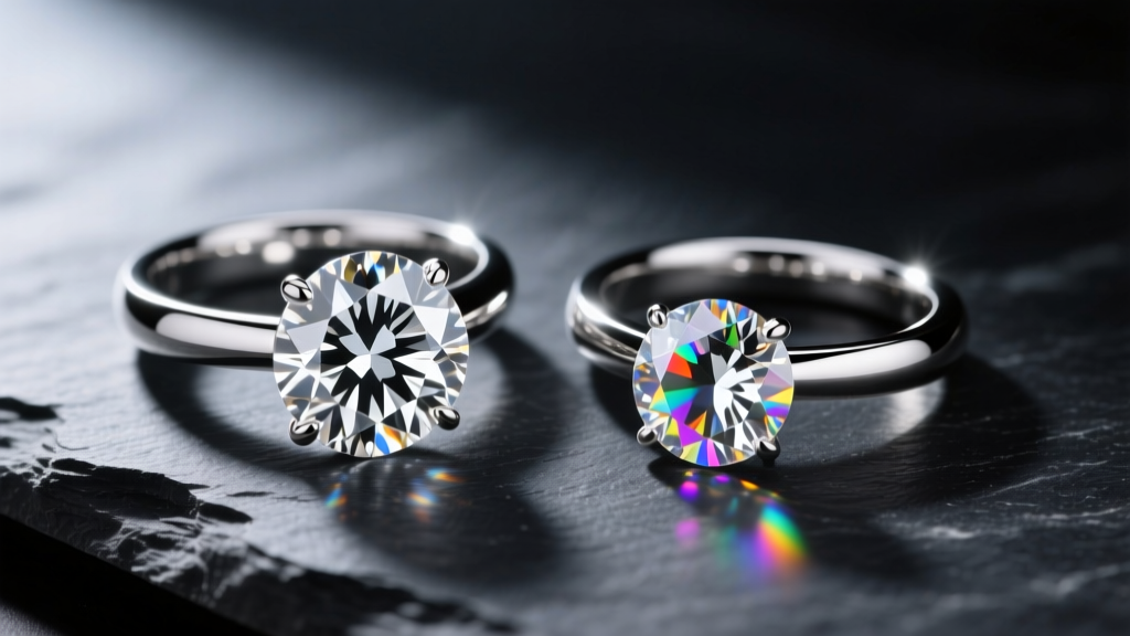 Macro photo of a round brilliant diamond ring beside a moissanite ring, showing distinct light refraction patterns on dark slate.