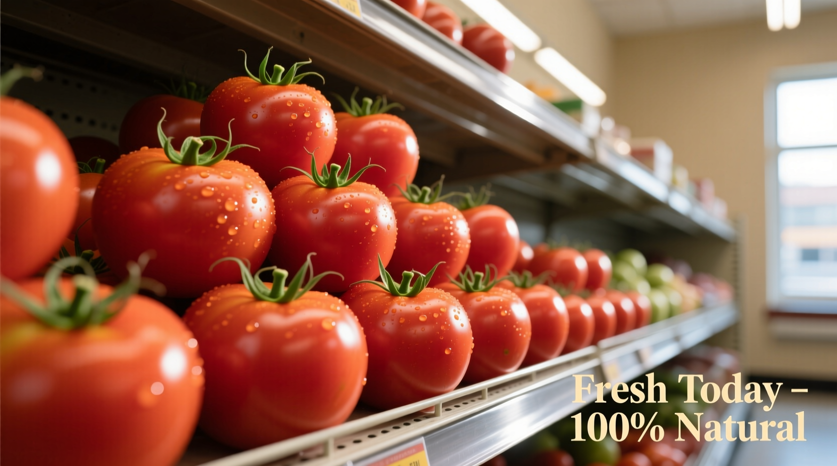 Fresh tomatoes on grocery store shelf