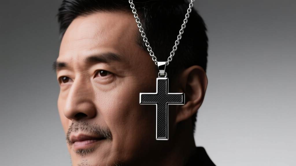 Close-up of a man wearing a matte black PVD coated stainless steel cross pendant on a 22-inch 3mm curb chain, studio lighting.