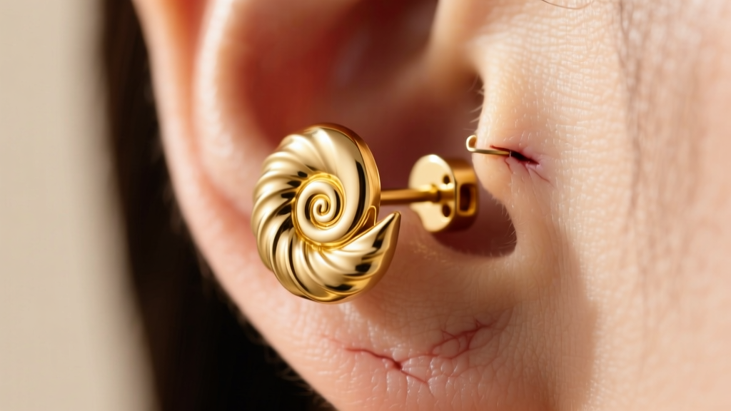 Close-up of a heavy 14k gold nautilus stud earring secured with a locking la pousette back on a healed earlobe piercing