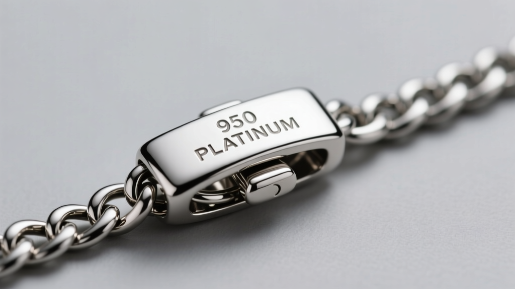Macro shot of a stamped 950 platinum lobster clasp on a sturdy rolo chain, highlighting the crisp hallmark engraving on the metal.