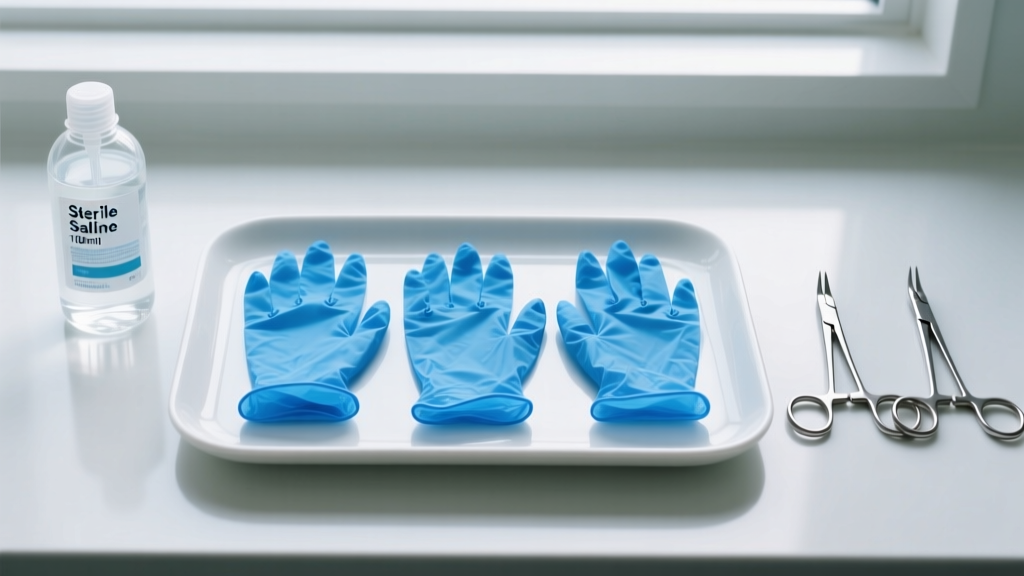 Overhead view of a tray holding blue nitrile gloves, saline, and hemostats used for safely removing stuck flat back earrings.