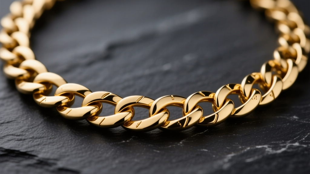 Macro shot of a 14k gold curb links necklace, highlighting soldered seams and interlocking geometry against a dark slate surface.